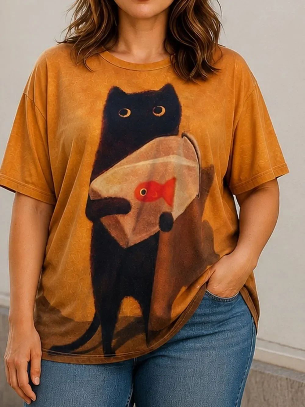 Cute Black Cat Holding Fish Graphic T-Shirt Oversized 2XL Kawaii Tee